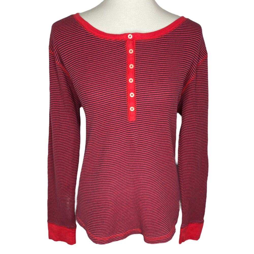 Old Navy Womens XL Thermal Waffle Knit Henley Pajama T-Shirt Red Blue Stripe Top